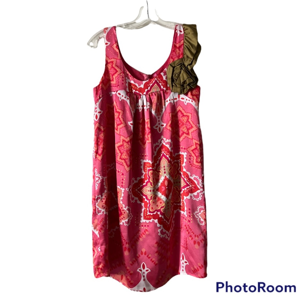Fun Pink Colorful Dress with Green Flower/Ruffle Sleeve- Med